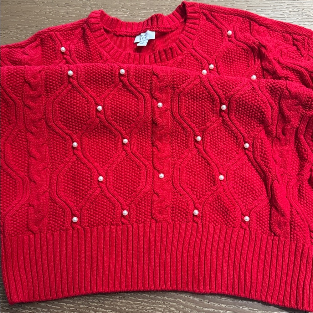 Crown & Ivy Red Cable Knit Sweater Pearl Detail Cozy Winter Top Size S - Picture 5 of 6